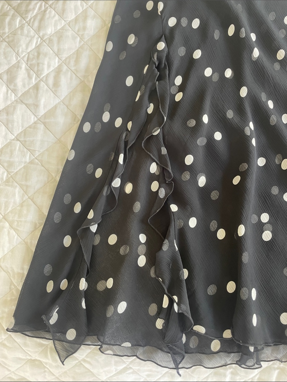 PRISCAVERA Ruffled High Slit Skirt in Black and White Polka Dot - Picture 7 of 9